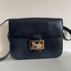 Celine Vintage Horse Carriage Buckle Navy Blue Box Leather Shoulder Bag